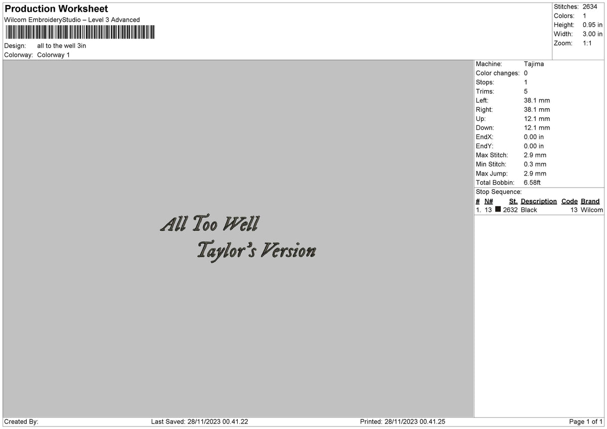 All To Well V2 Embroidery File 6 sizes