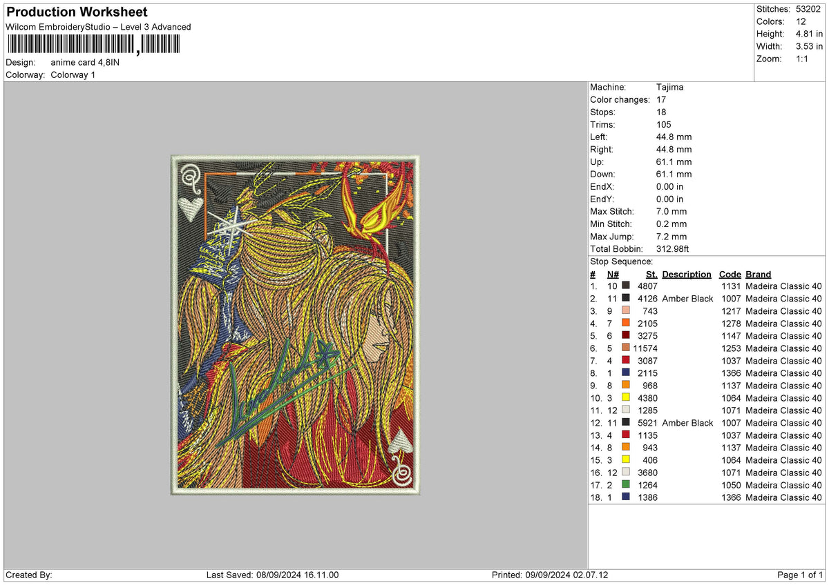 Anime Card Embroidery File 6 sizes