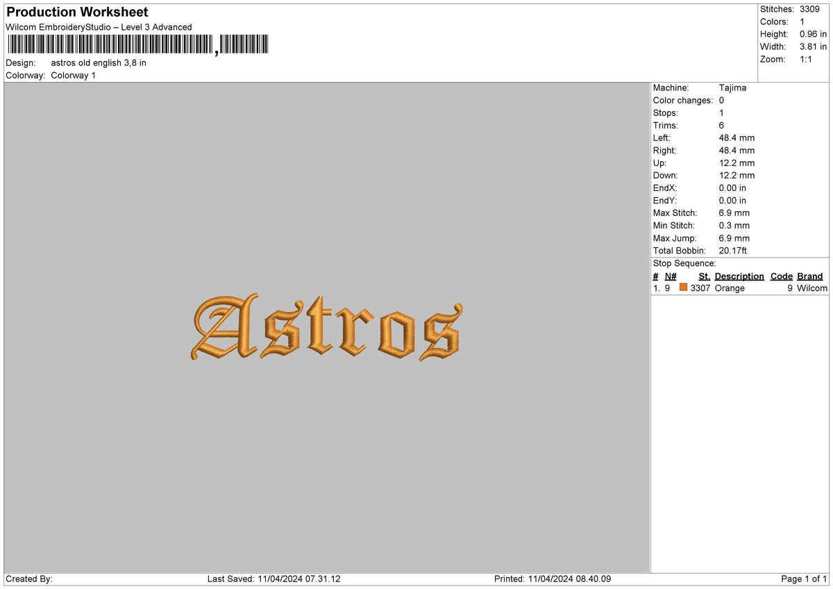 Astros V03 Embroidery File 6 sizes