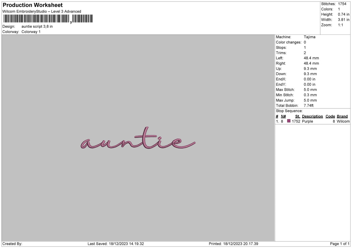 Auntiescript Embroidery File 6 sizes