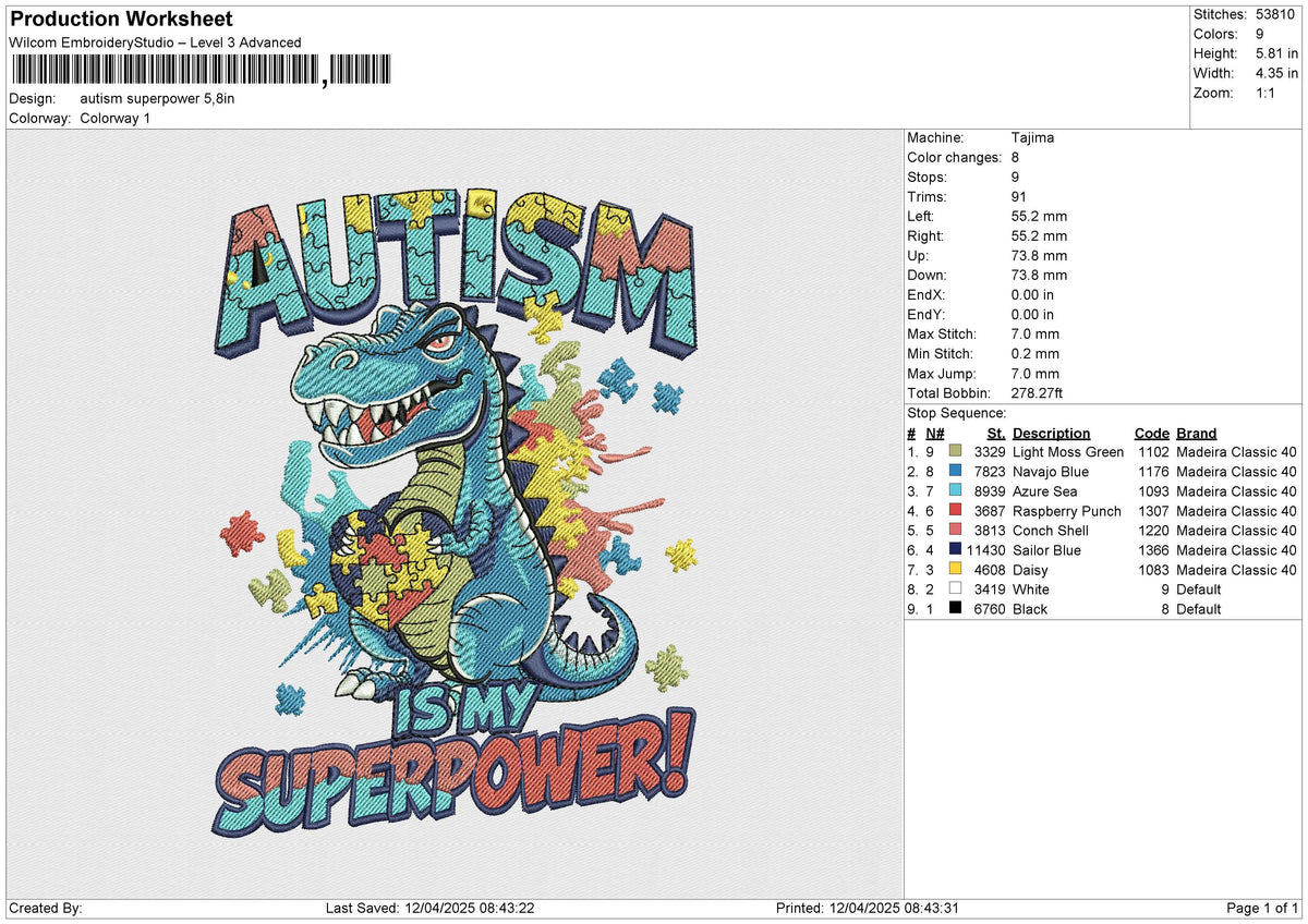 Autism Superpower Embroidery File 6 size