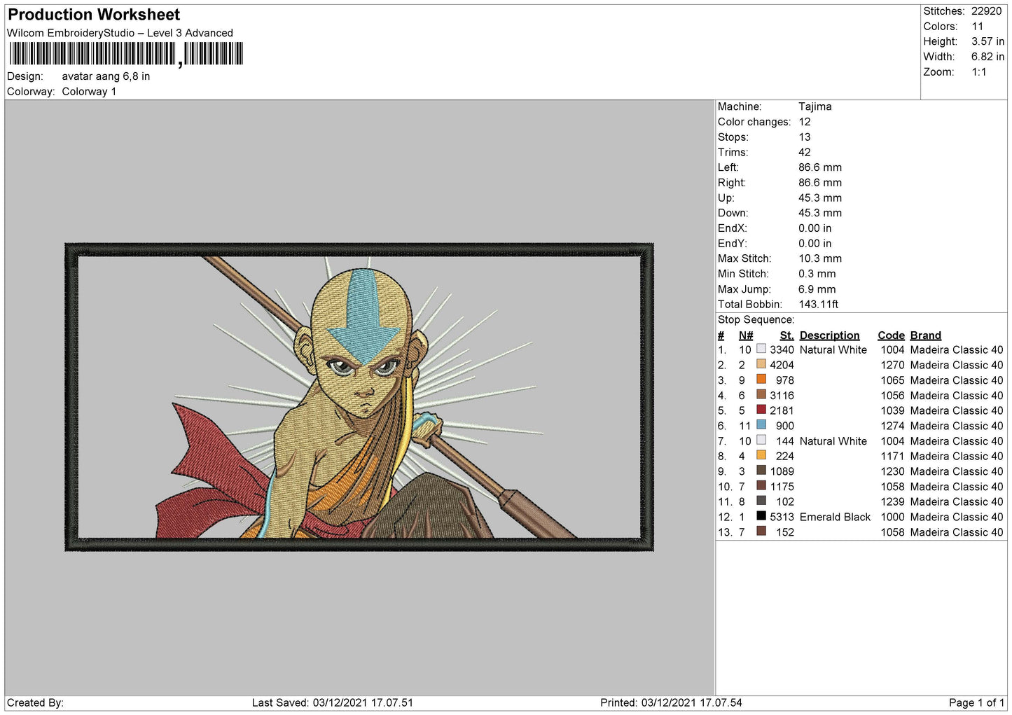 Avatar Aang Embroidery