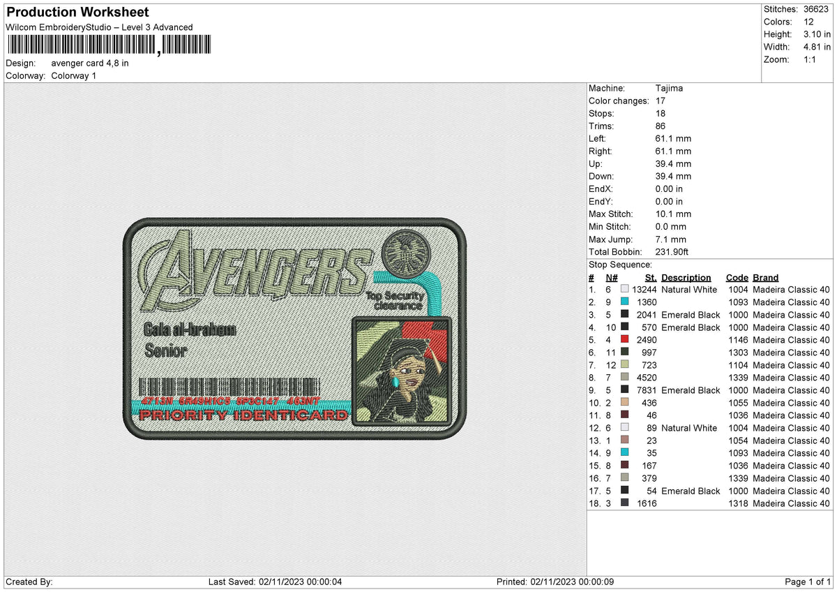 Avenger Card Embroidery File 6 size