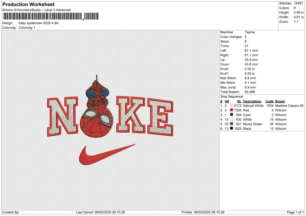 Nike Baby Spiderman8225 Embroidery File 6 size