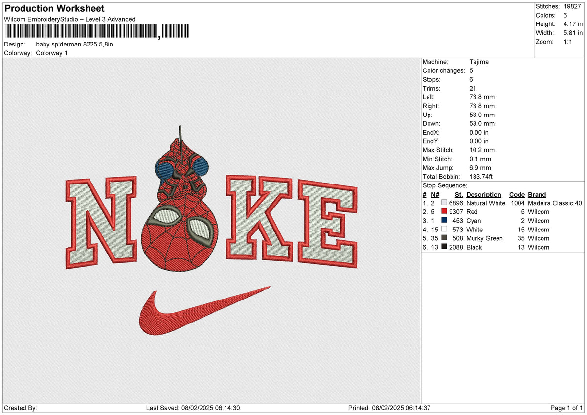 Nike Baby Spiderman8225 Embroidery File 6 size