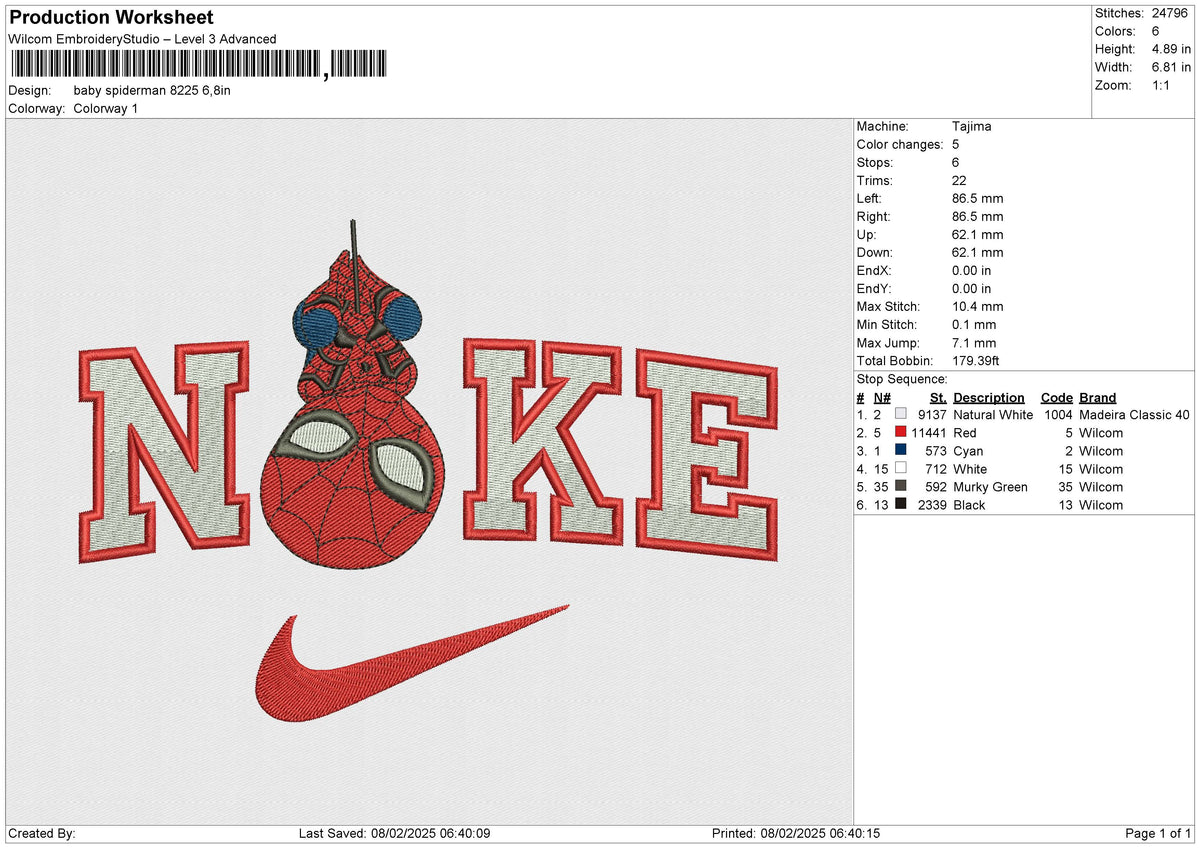 Nike Baby Spiderman8225 Embroidery File 6 size