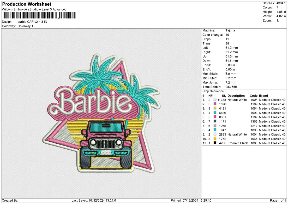 Barbie CAR v2 Embroidery File 6 sizes