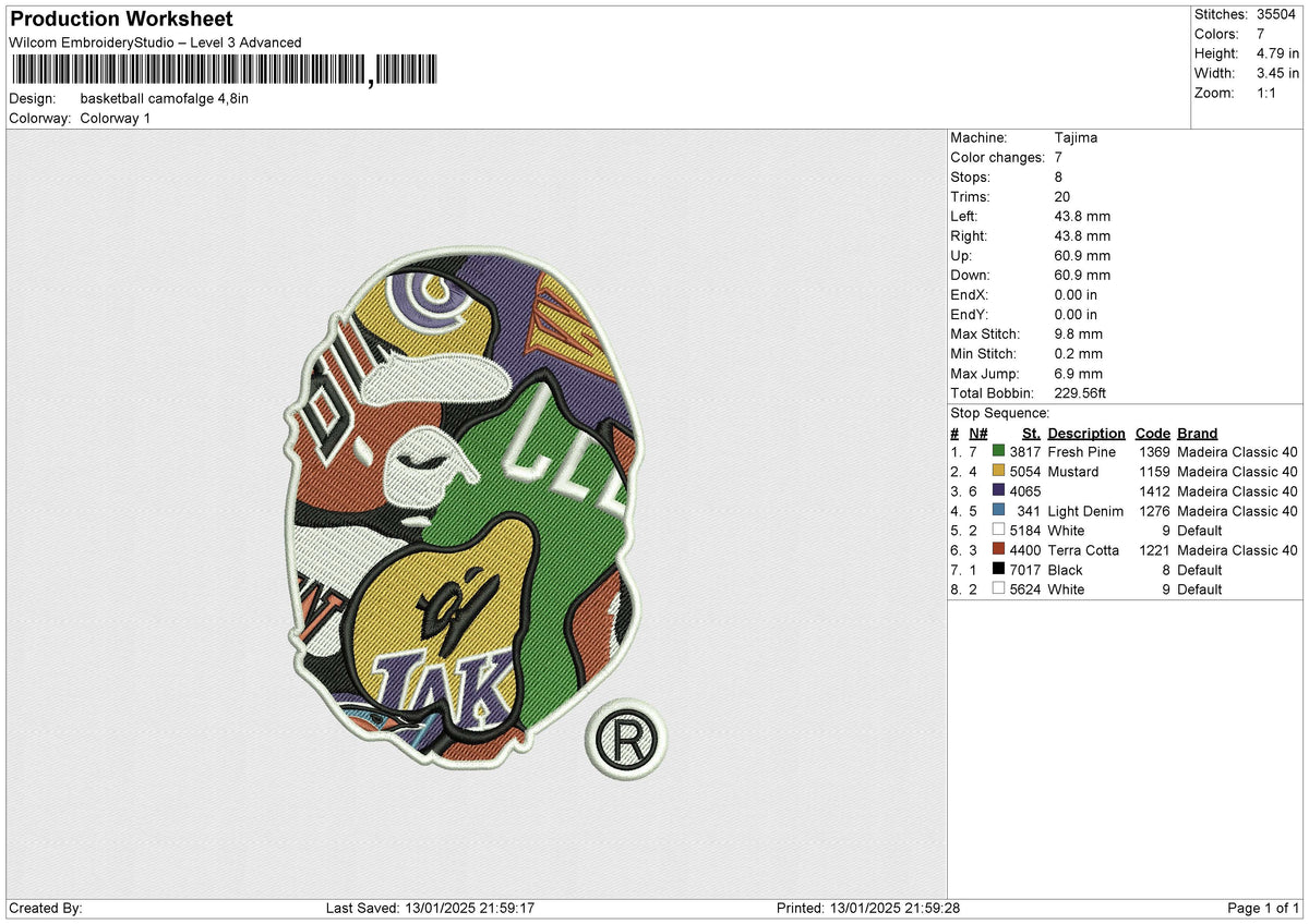 Basketball Camofalge Embroidery File 6 size