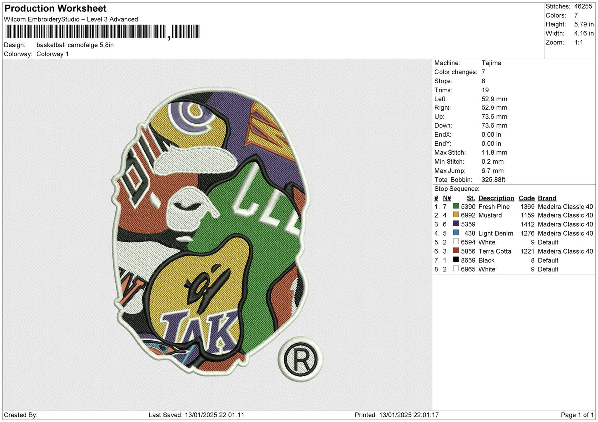 Basketball Camofalge Embroidery File 6 size