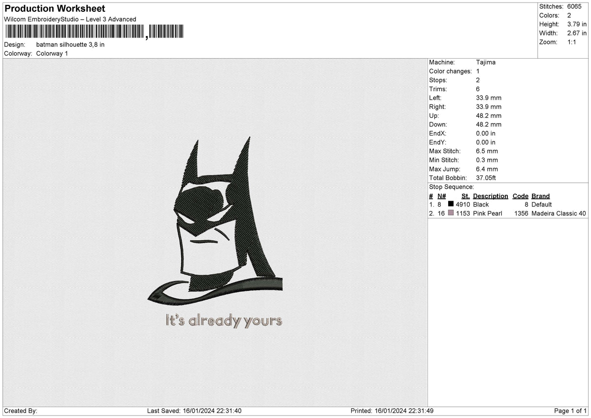 Batman Silhouette Embroidery File 6 size