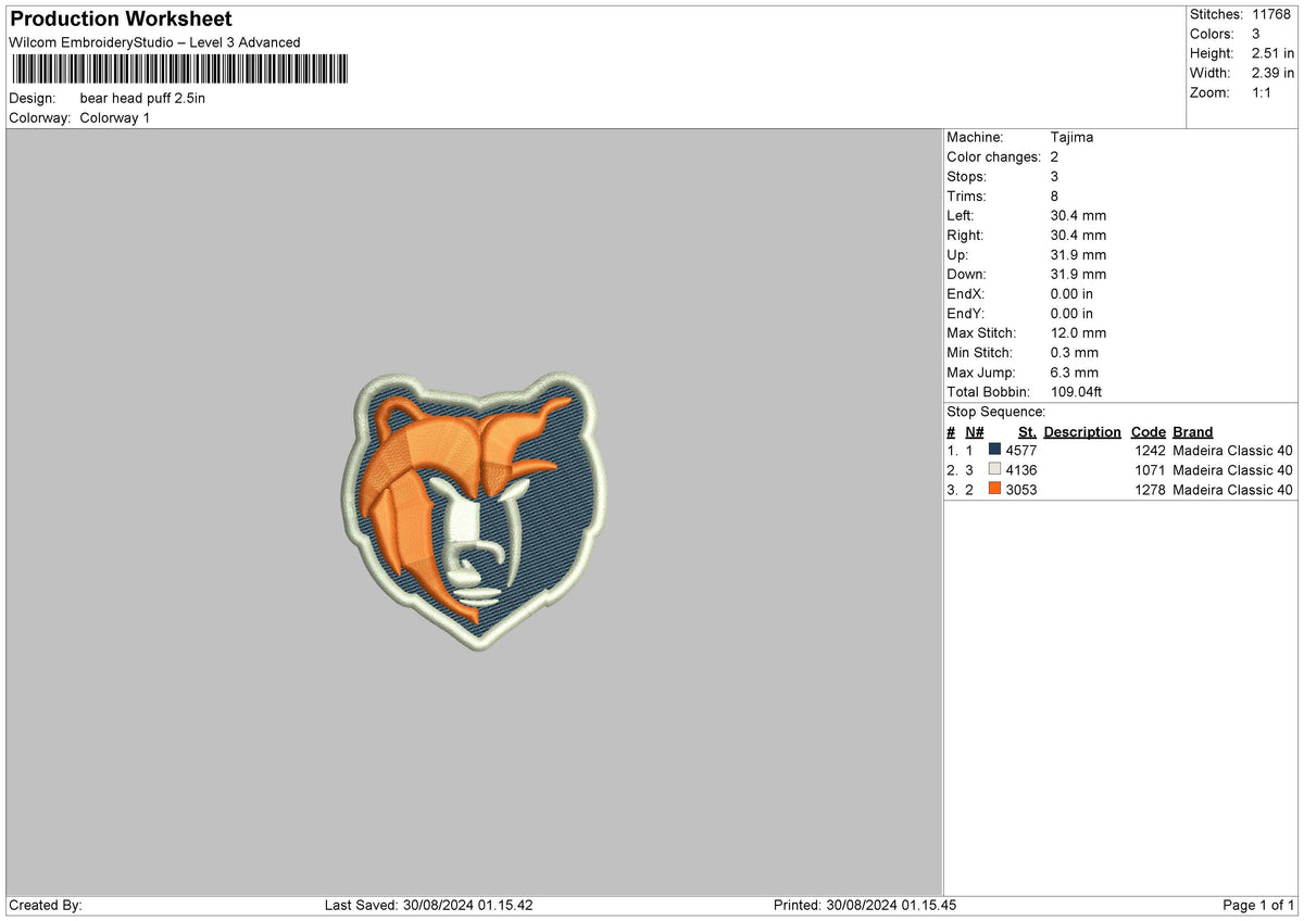 Bear Puff Embroidery File 6 sizes