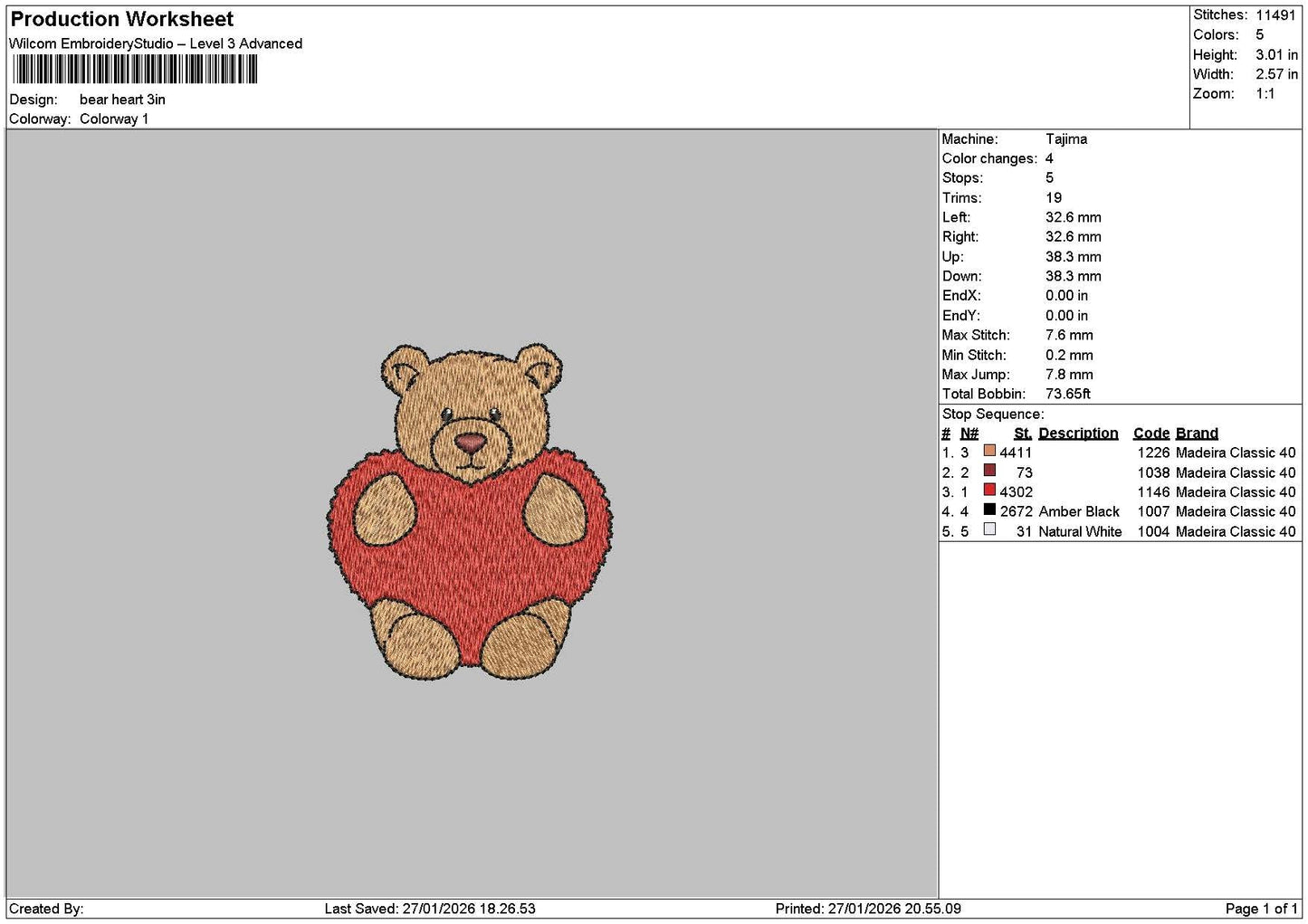 Bear Heart Embroidery File 6 sizes