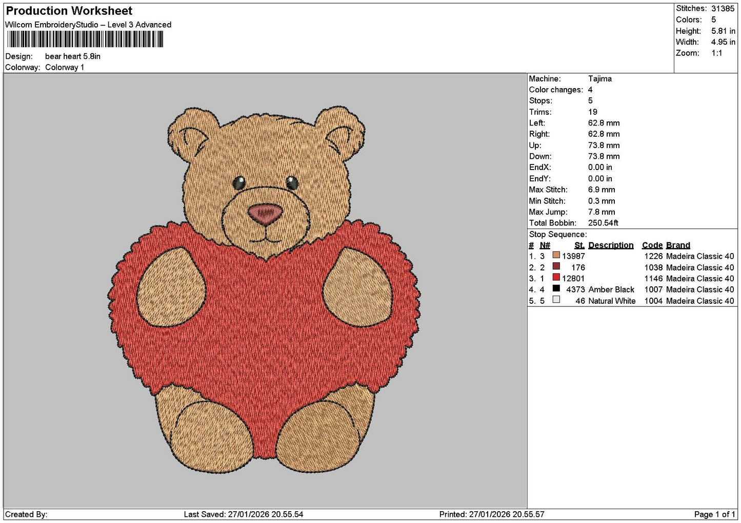 Bear Heart Embroidery File 6 sizes