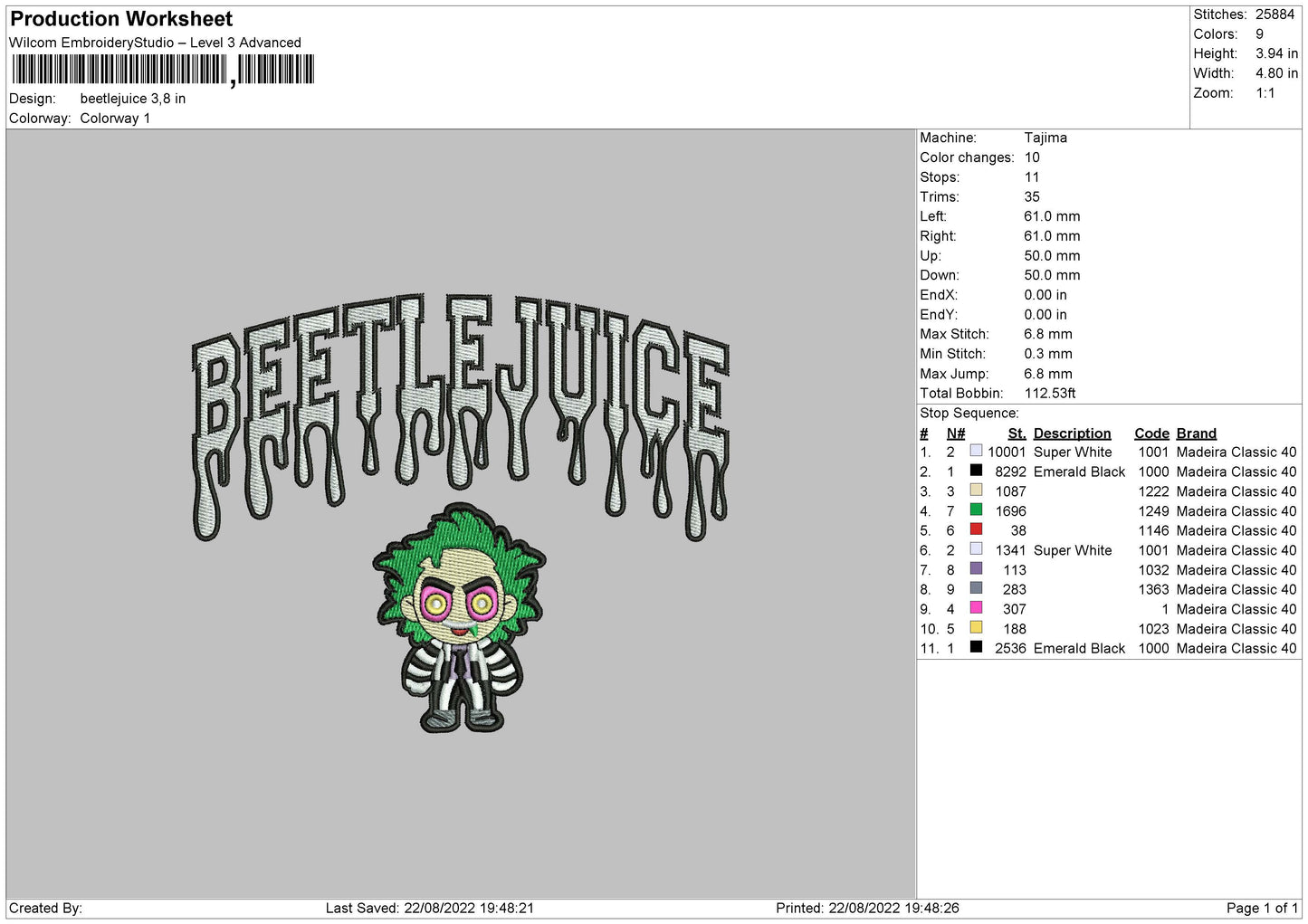 Beetle juice Embroidery