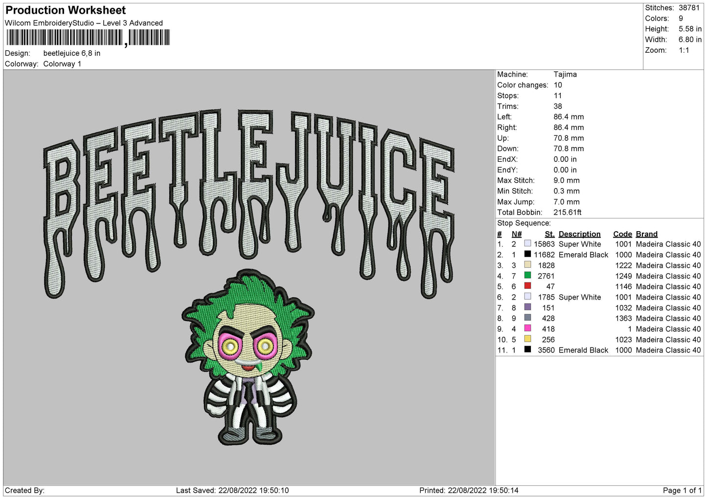 Beetle juice Embroidery