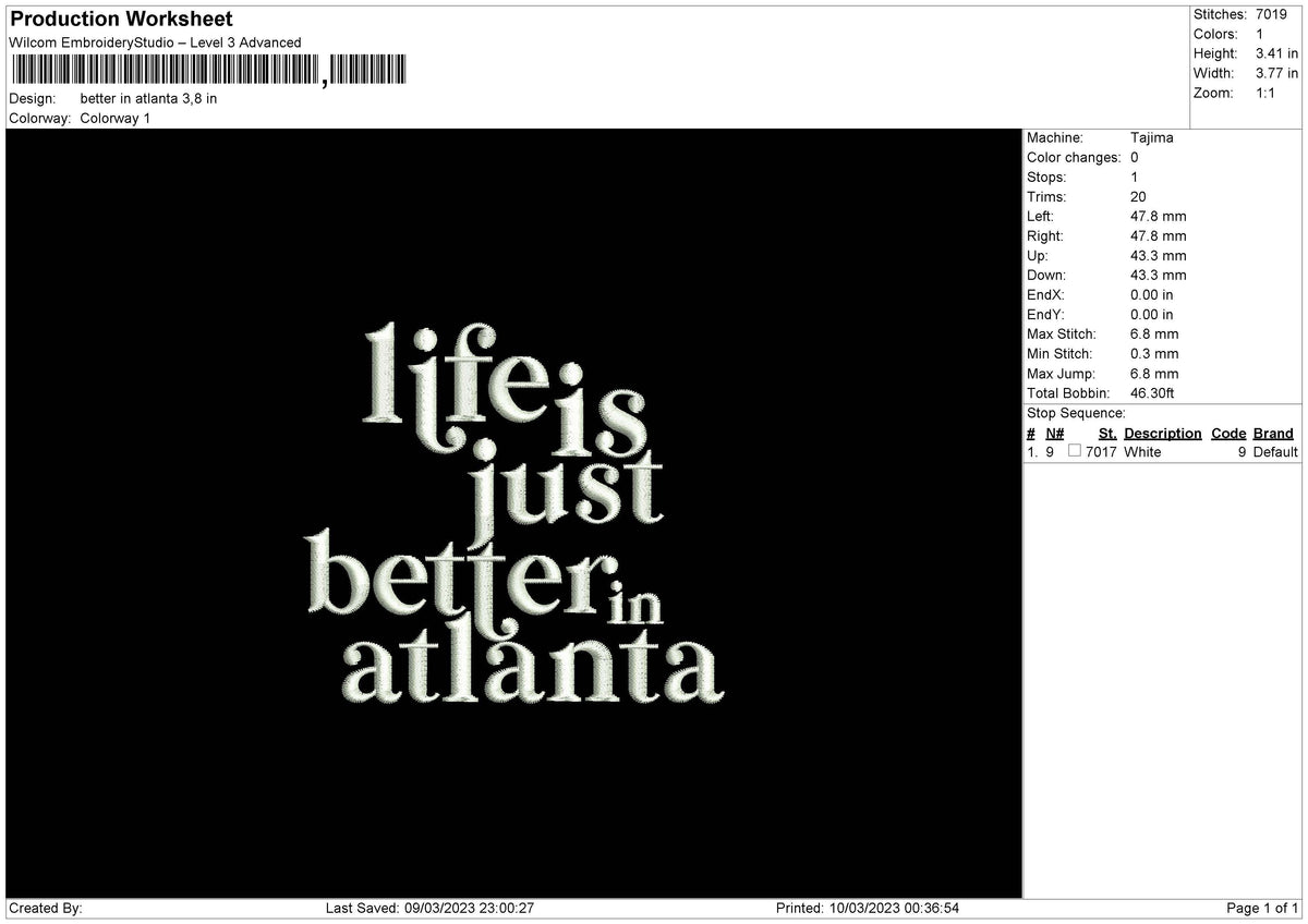 In Atlanta Embroidery File 6 sizes