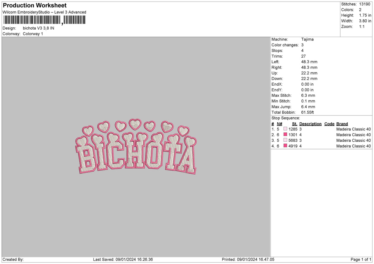 Bichota V3 Embroidery File 6 sizes