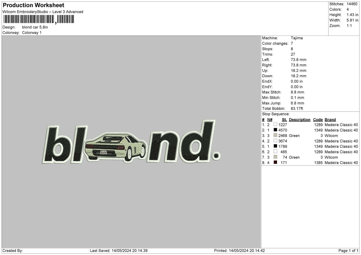 Blondcar Embroidery File 6 sizes