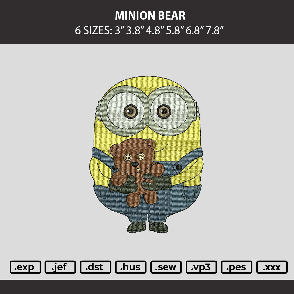 Minion Bear Embroidery Machine Design File 6 sizes