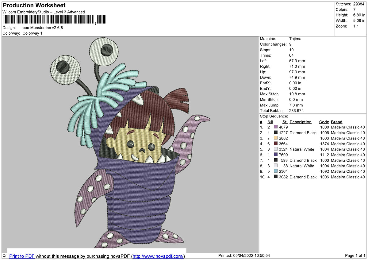 Boo Monster inc v2 Embroidery