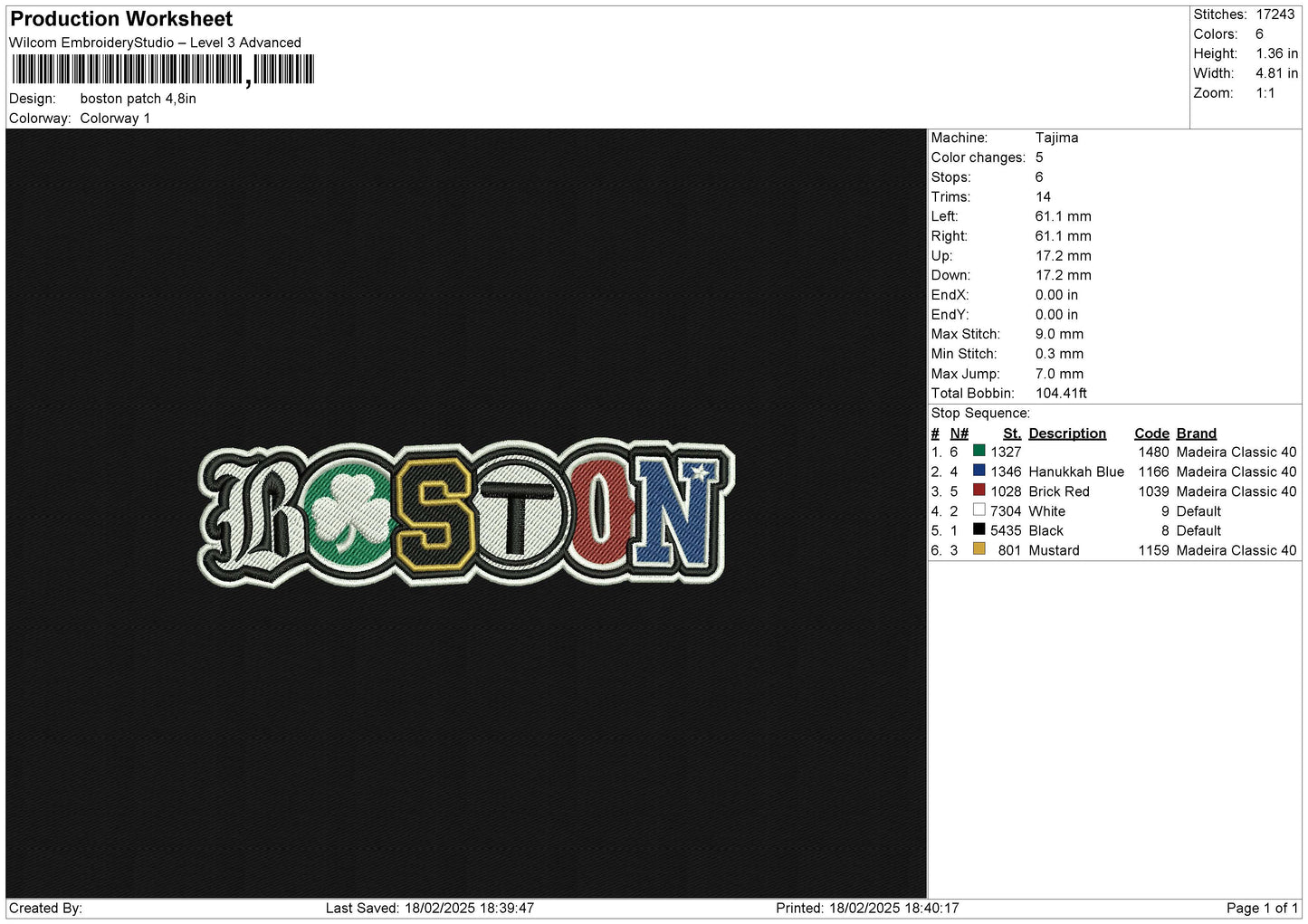 Boston patch Embroidery File 6 size