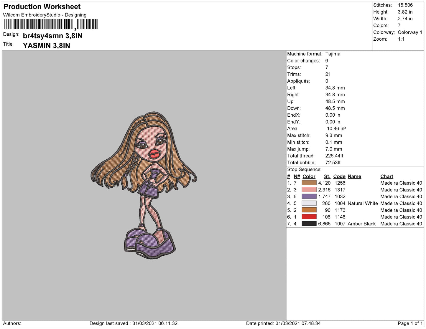 Bratz Yasmin Embroidery