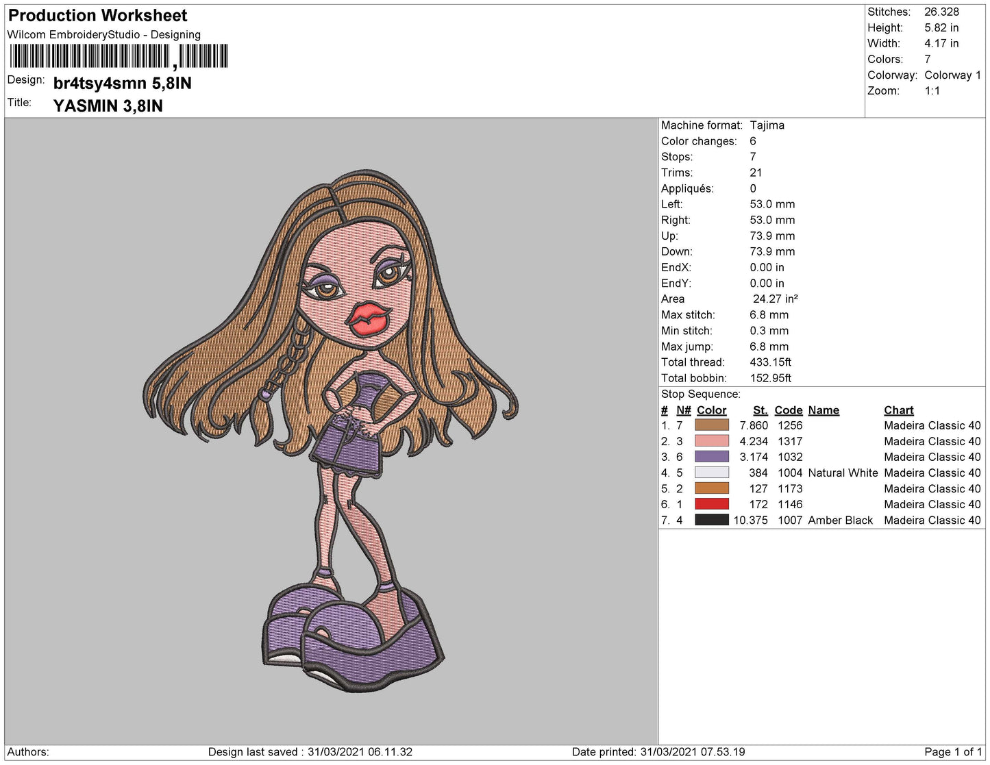 Bratz Yasmin Embroidery