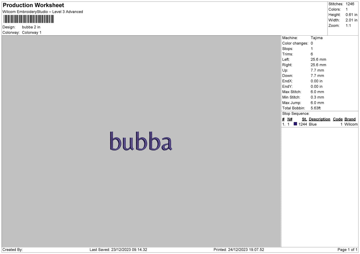 Bubba Text Embroidery File 6 sizes