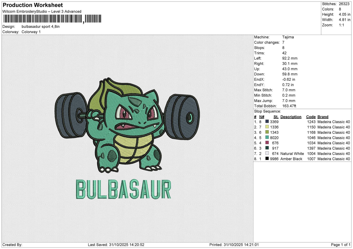 Bulbasadur sport Embroidery File 6 sizes