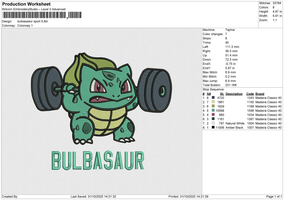 Bulbasadur sport Embroidery File 6 sizes
