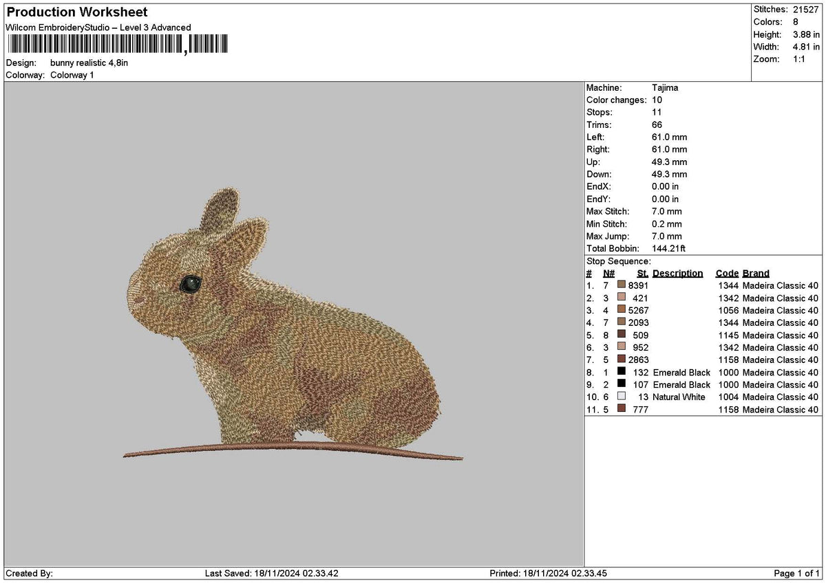 Rabbit 1811 Embroidery File 6 sizes