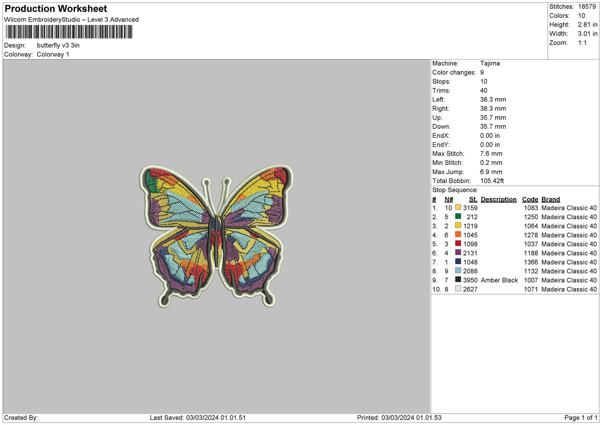Butterfly V3 Embroidery File 6 sizes