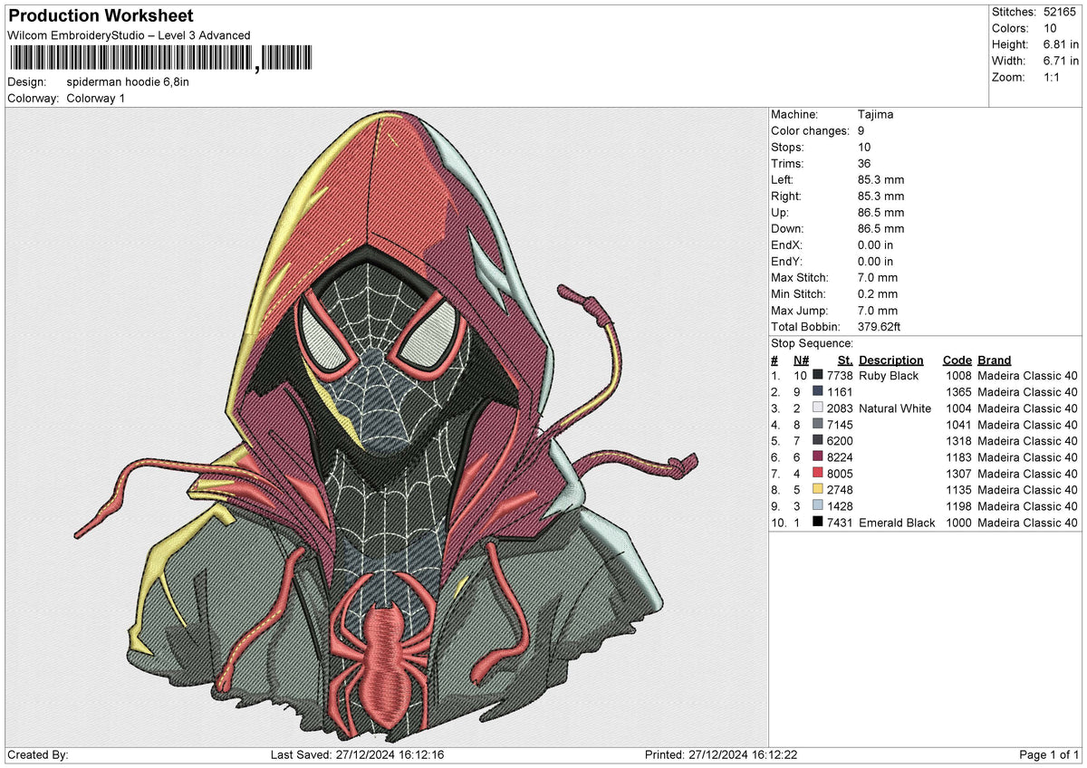 Spiderman Hoodie Embroidery File 6 size