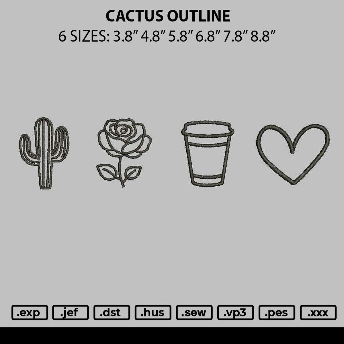 Cactus Outline Embroidery File 6 sizes