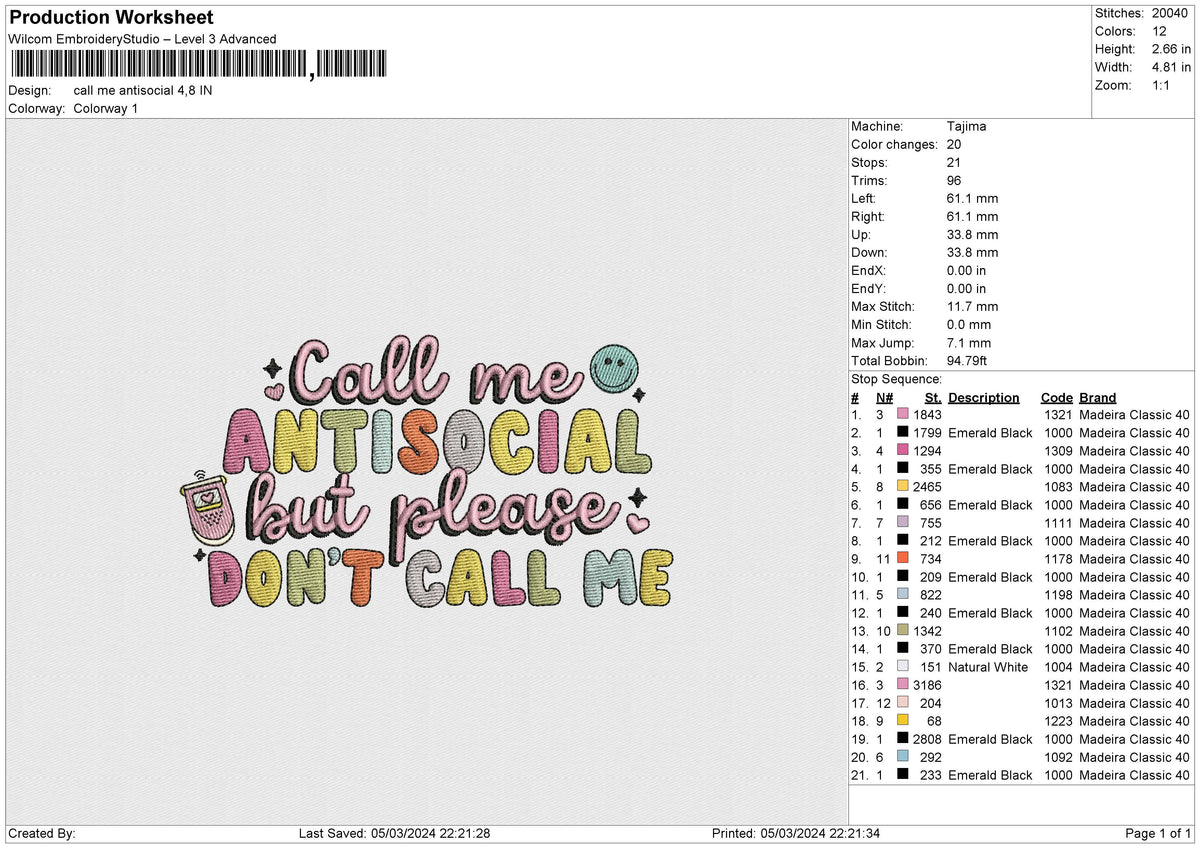Call me antisocial Embroidery File 6 size