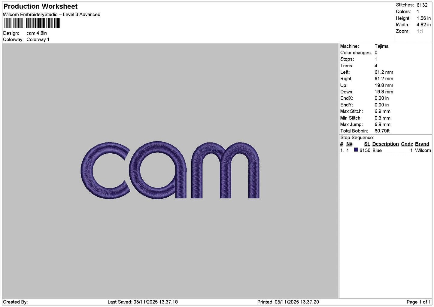 Camtext Embroidery File 6 sizes