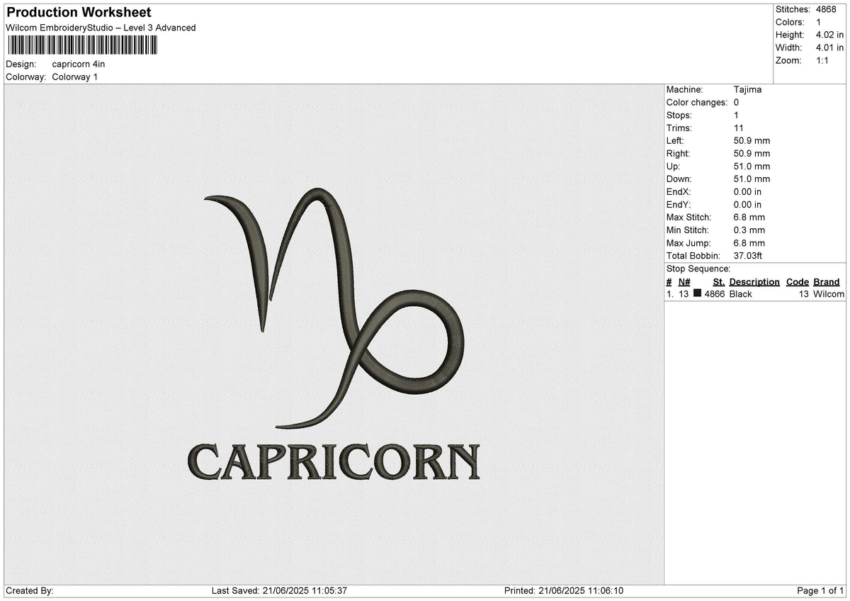 Capricorn Embroidery File 6 size