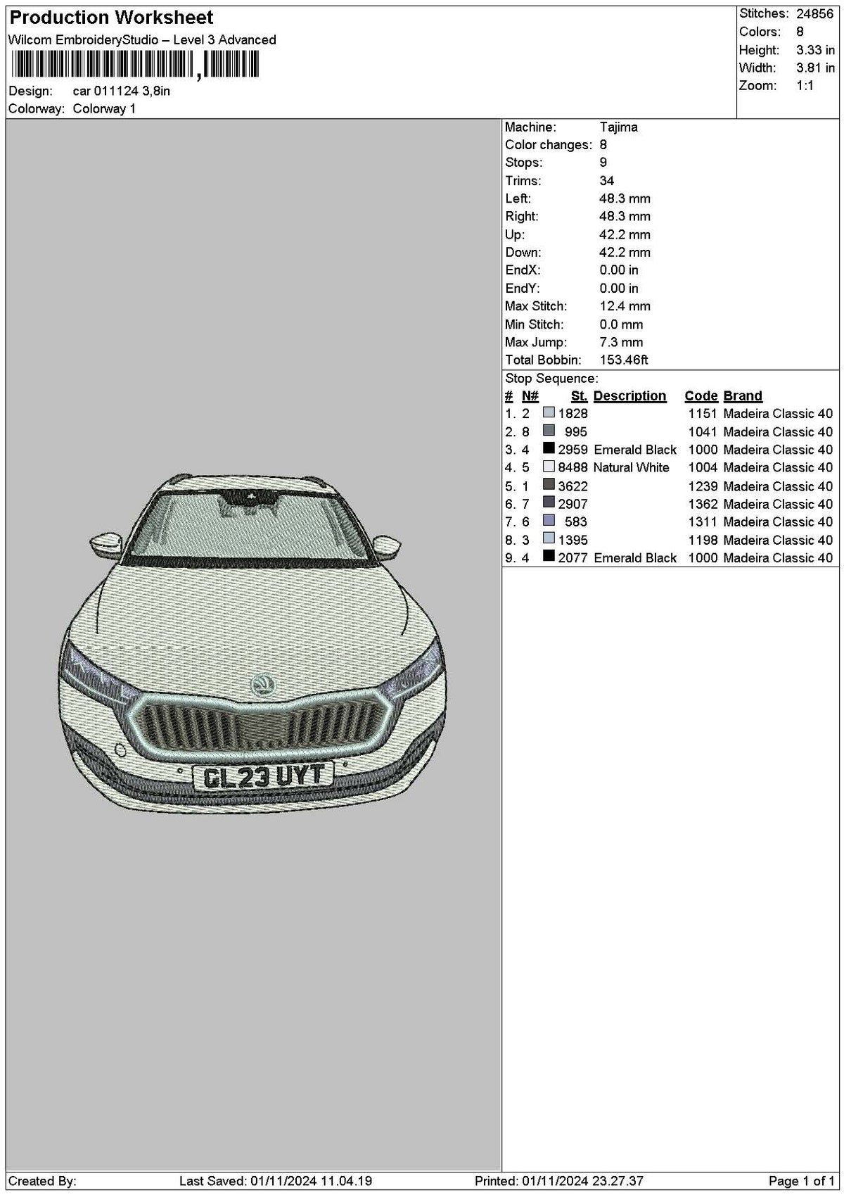 Car White 0124 Embroidery File 6 sizes