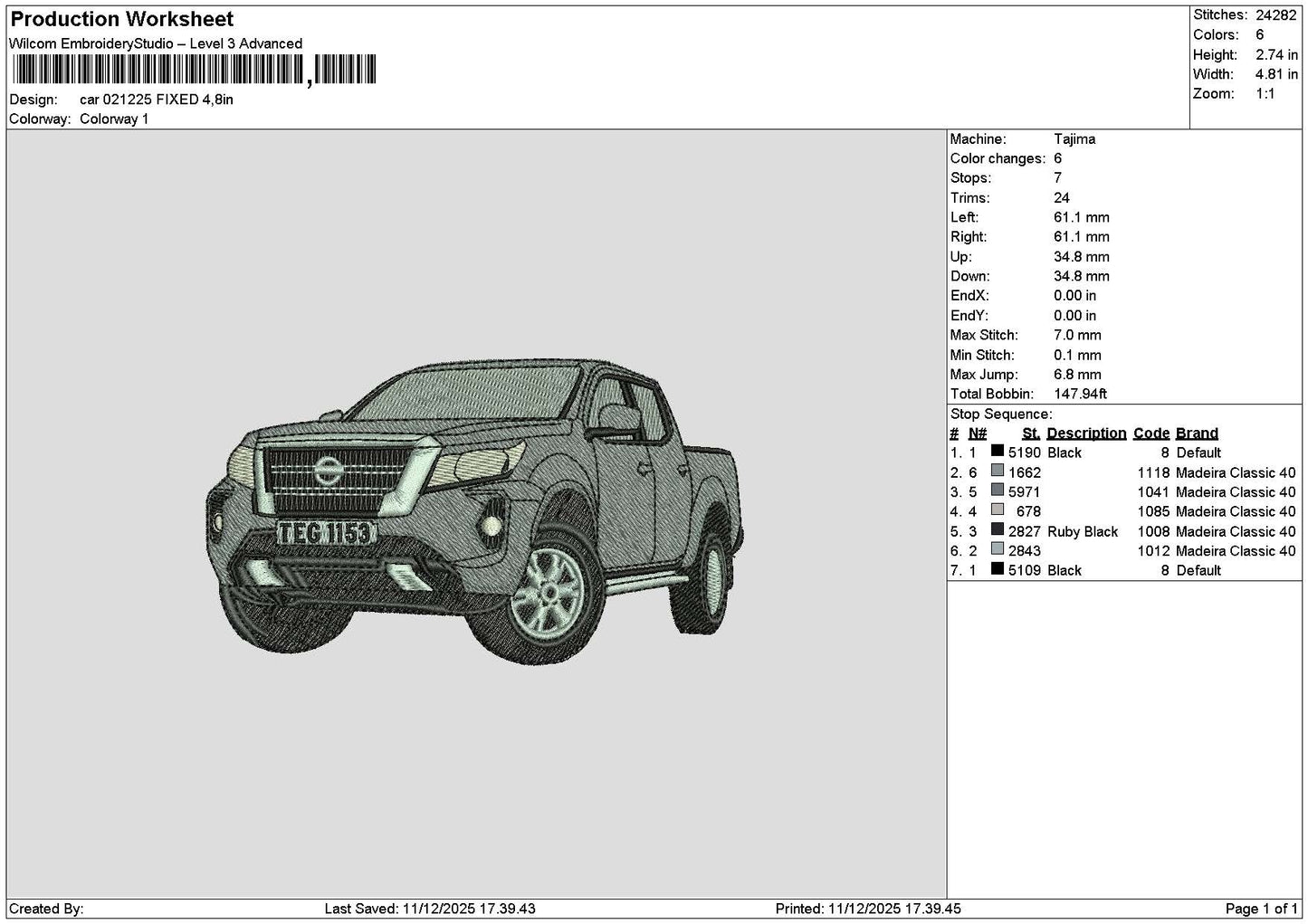Car 0212 Embroidery File 6 sizes