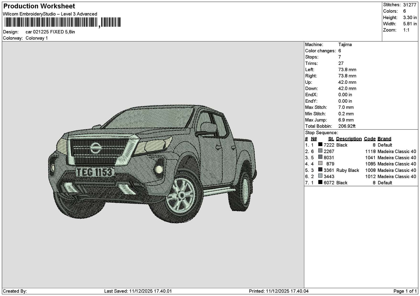 Car 0212 Embroidery File 6 sizes