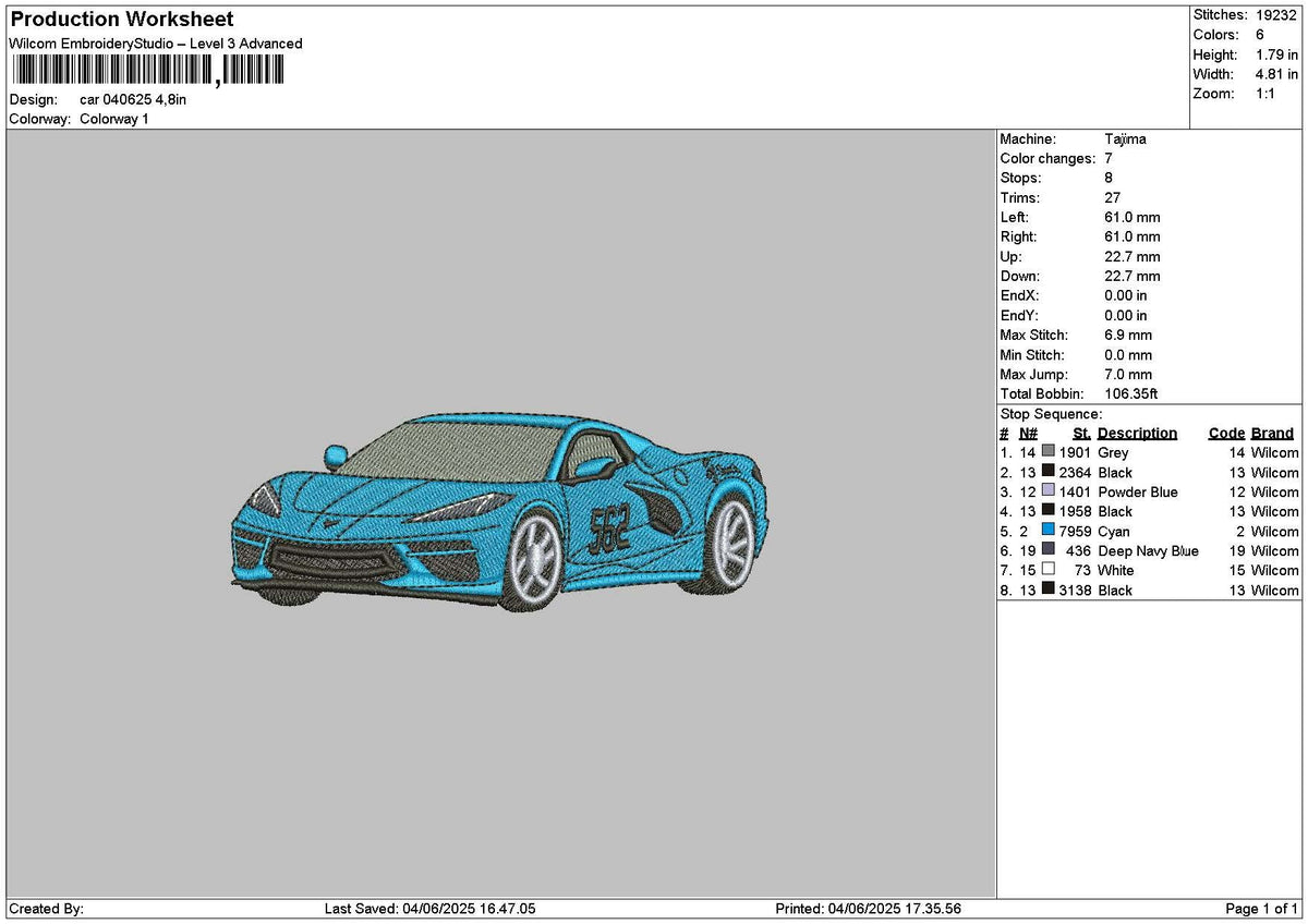 Blue Car 0406 Embroidery File 6 sizes