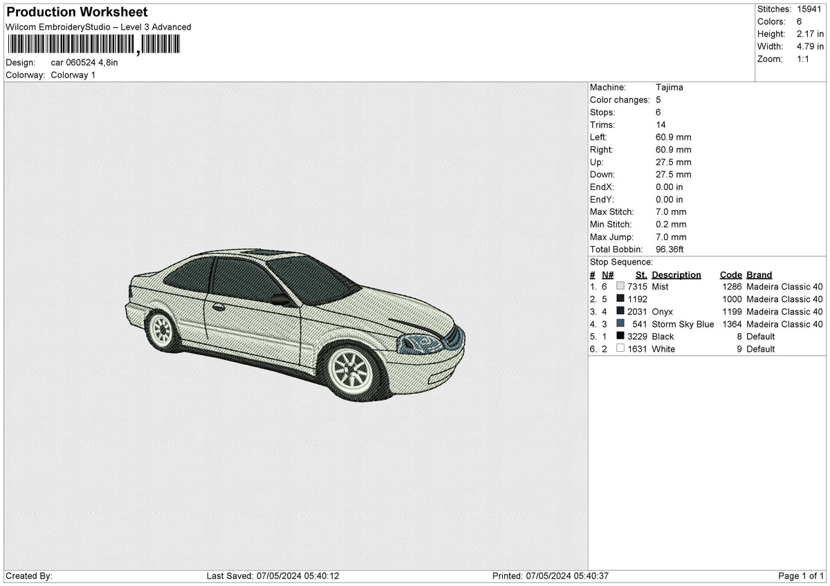 Car 060524 Embroidery File 6 size