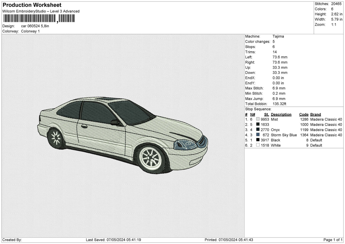 Car 060524 Embroidery File 6 size