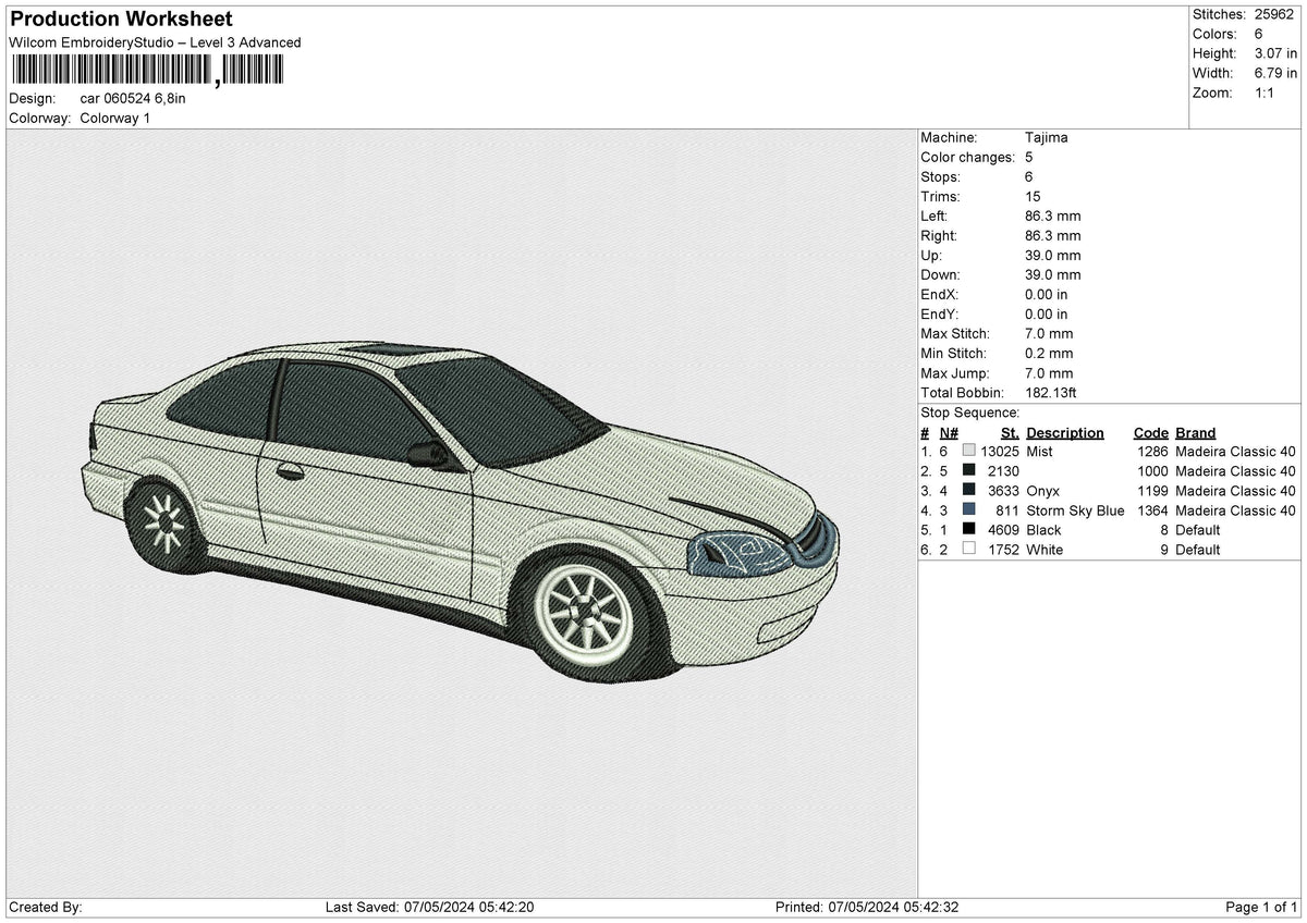 Car 060524 Embroidery File 6 size