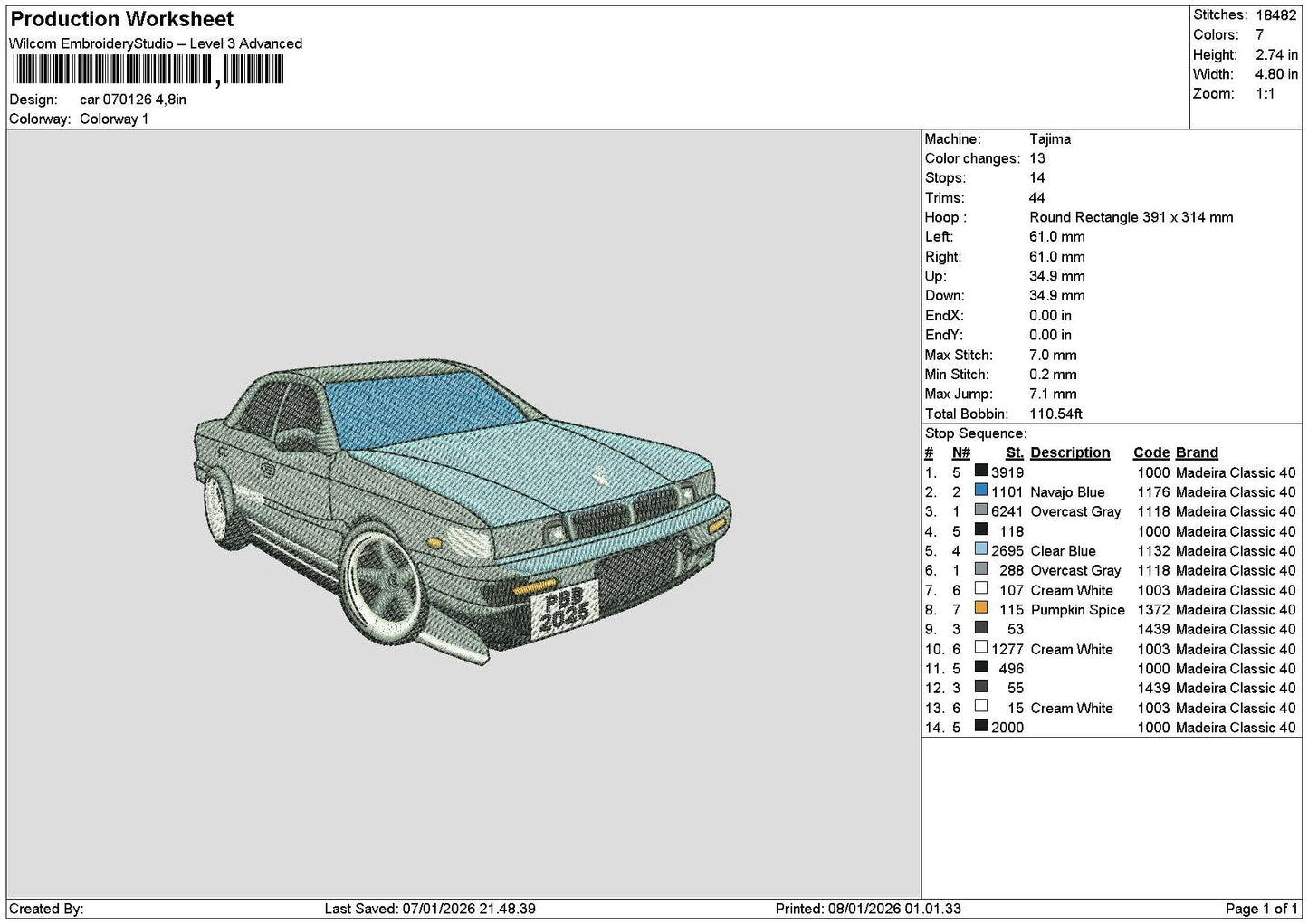 Car 0701 Embroidery File 6 sizes