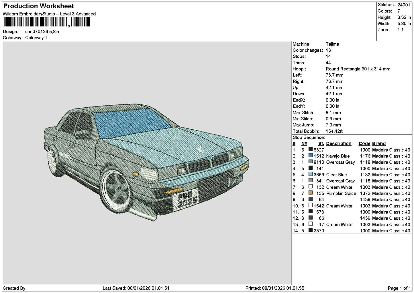 Car 0701 Embroidery File 6 sizes