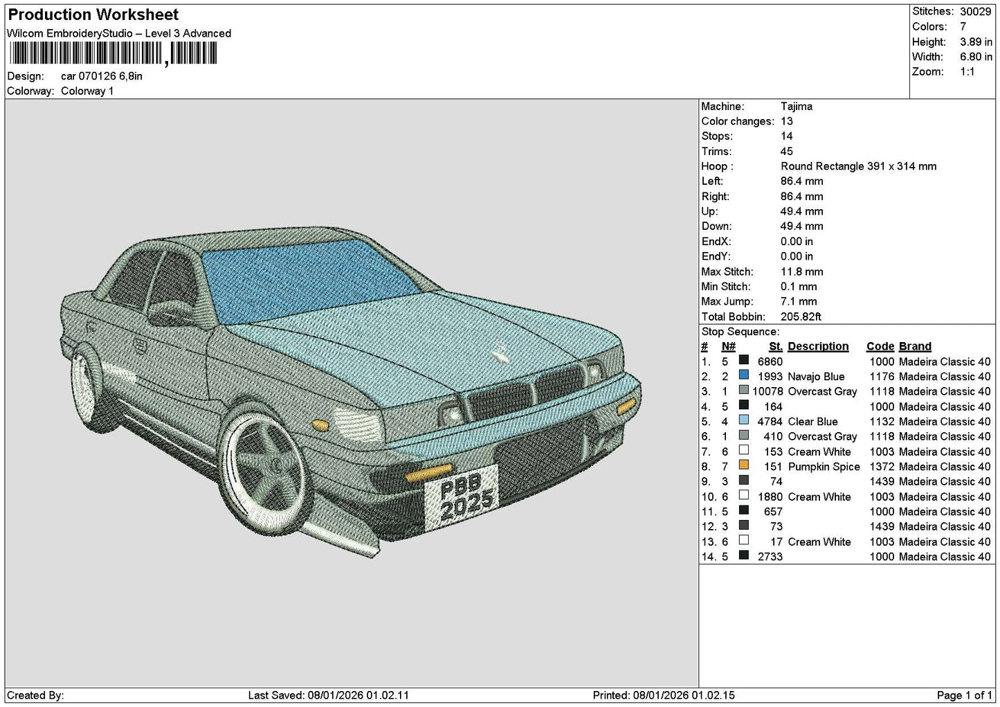 Car 0701 Embroidery File 6 sizes