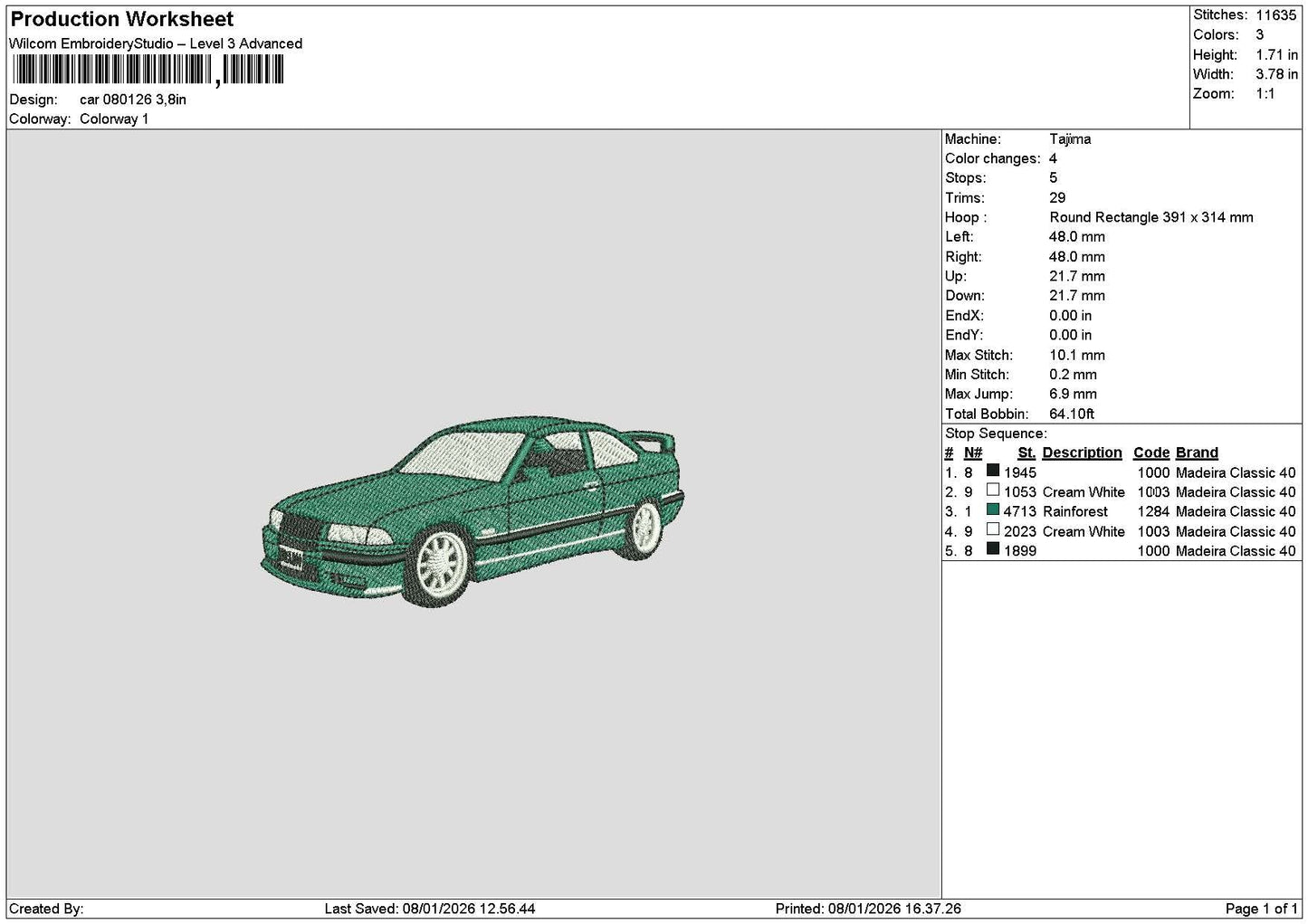 Green Car 0801 Embroidery File 6 sizes