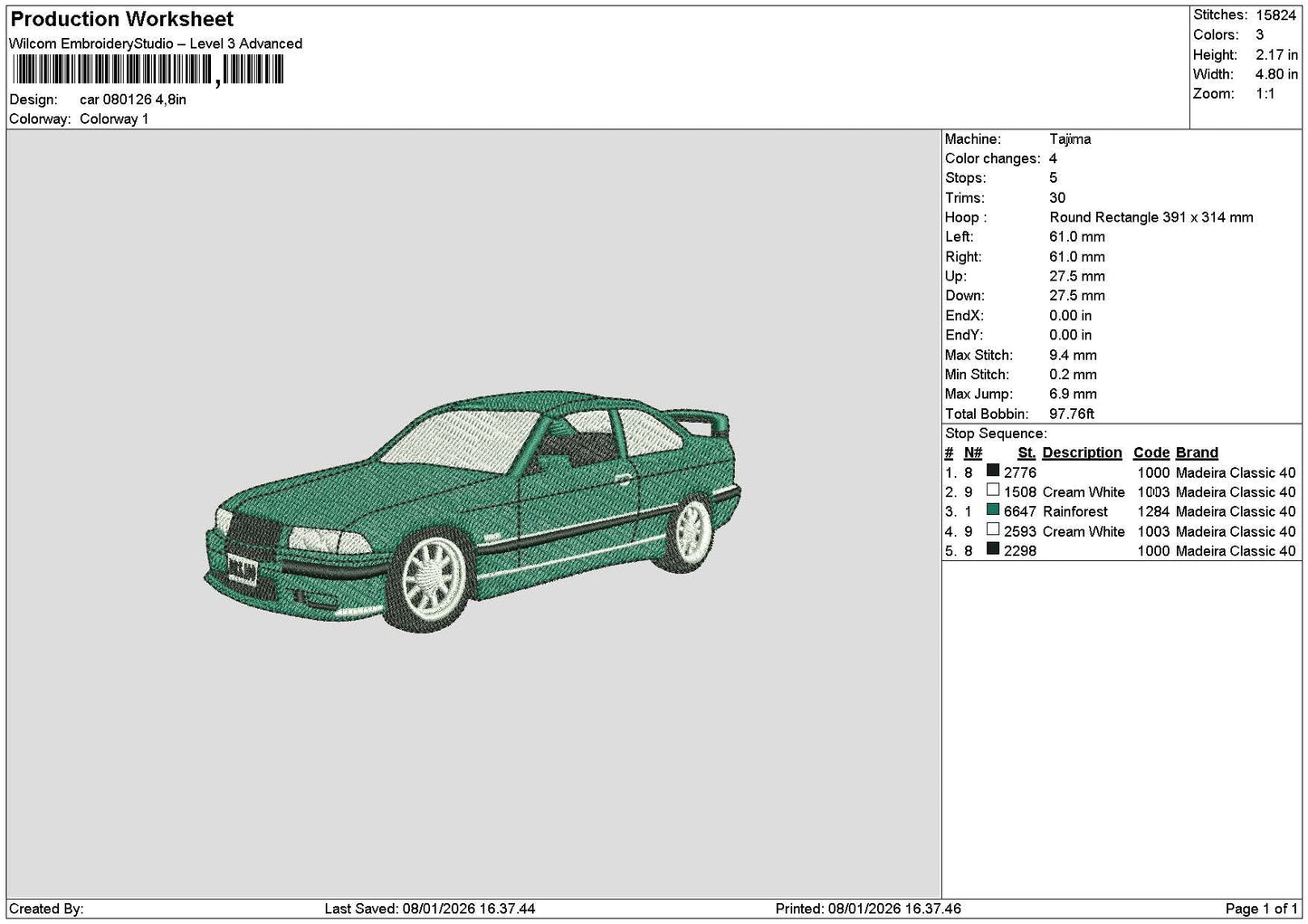 Green Car 0801 Embroidery File 6 sizes