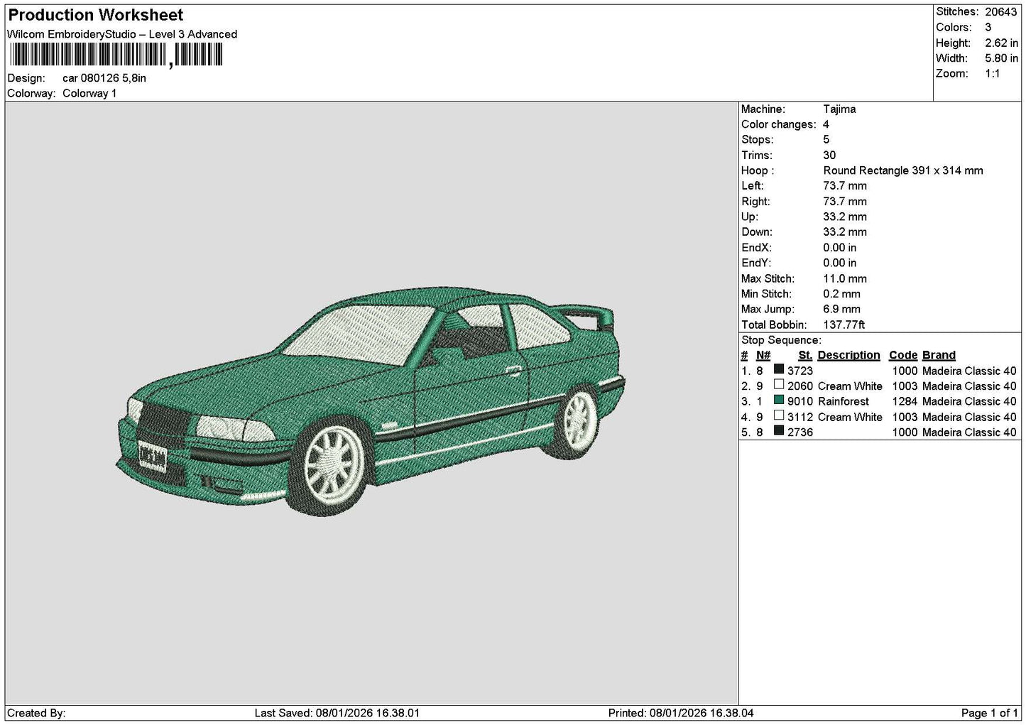 Green Car 0801 Embroidery File 6 sizes